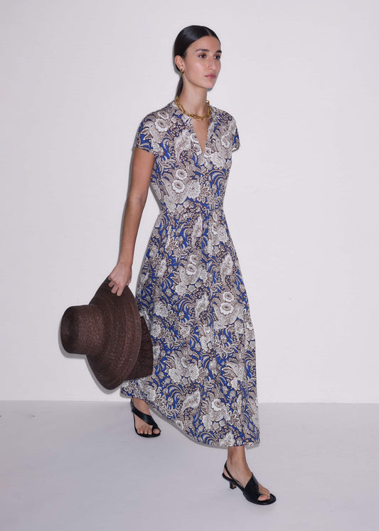 ME and EM Clothing Blue Elaborate Botanical Tiered Maxi Dress