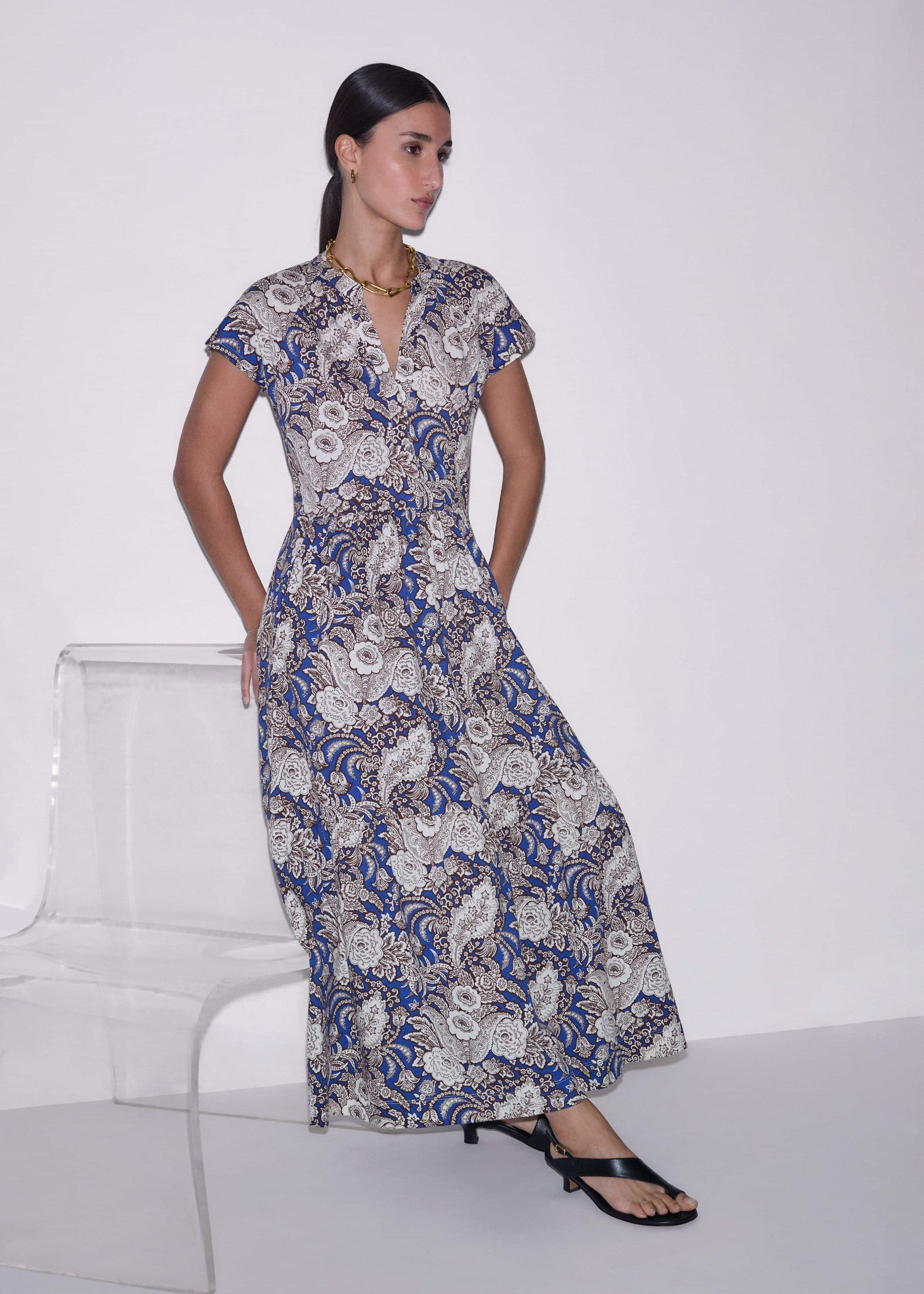 ME and EM Clothing Blue Elaborate Botanical Tiered Maxi Dress