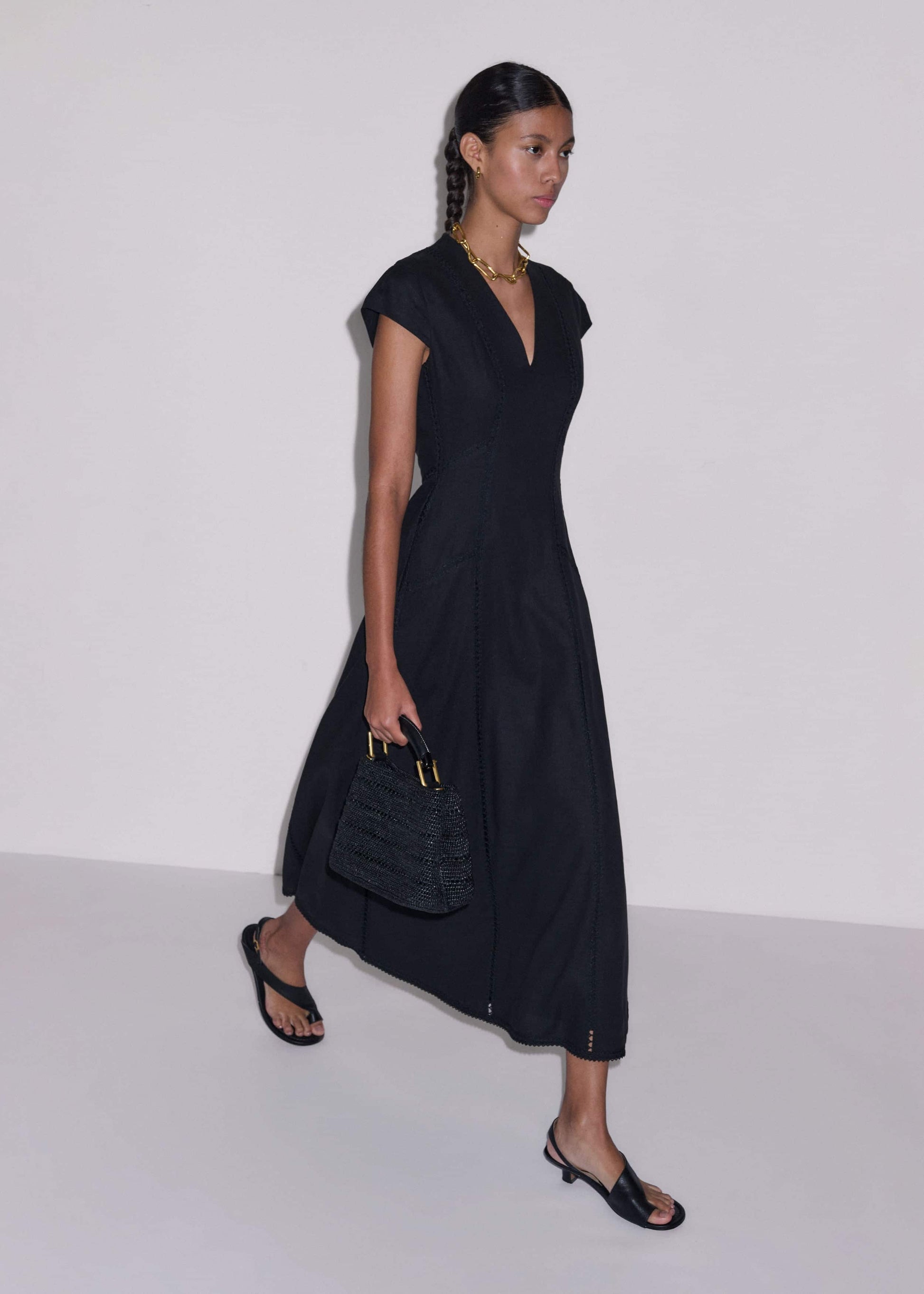 ME and EM Clothing Black Crease-Less Linen Embroidered Maxi Dress