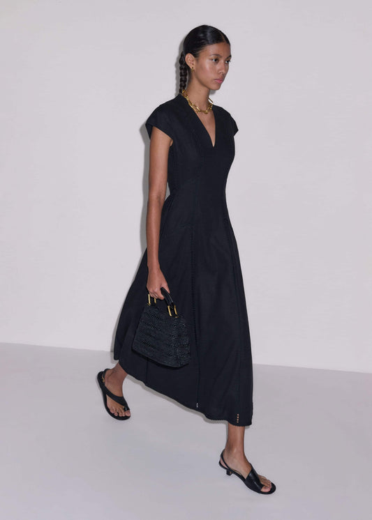 ME and EM Clothing Black Crease-Less Linen Embroidered Maxi Dress