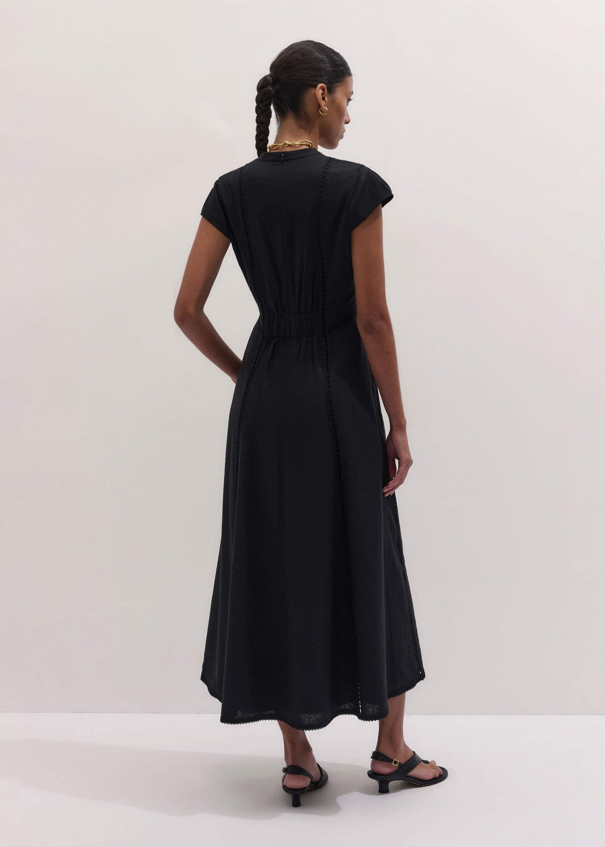 ME and EM Clothing Black Crease-Less Linen Embroidered Maxi Dress