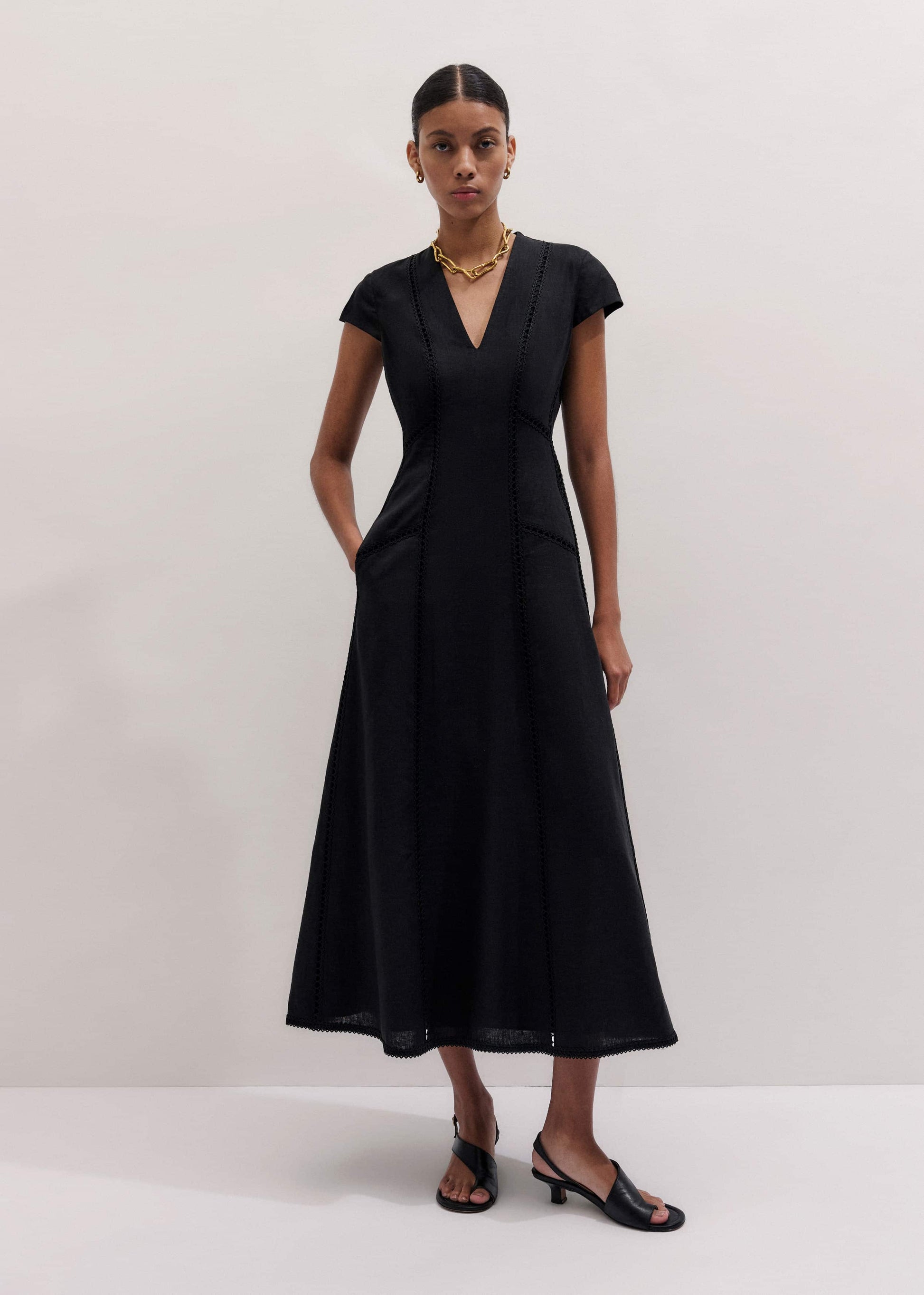 ME and EM Clothing Black Crease-Less Linen Embroidered Maxi Dress