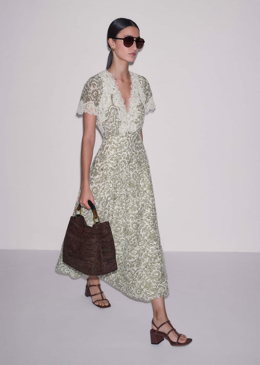 ME and EM Clothing Green Silk Cotton Lace Trim Maxi Dress