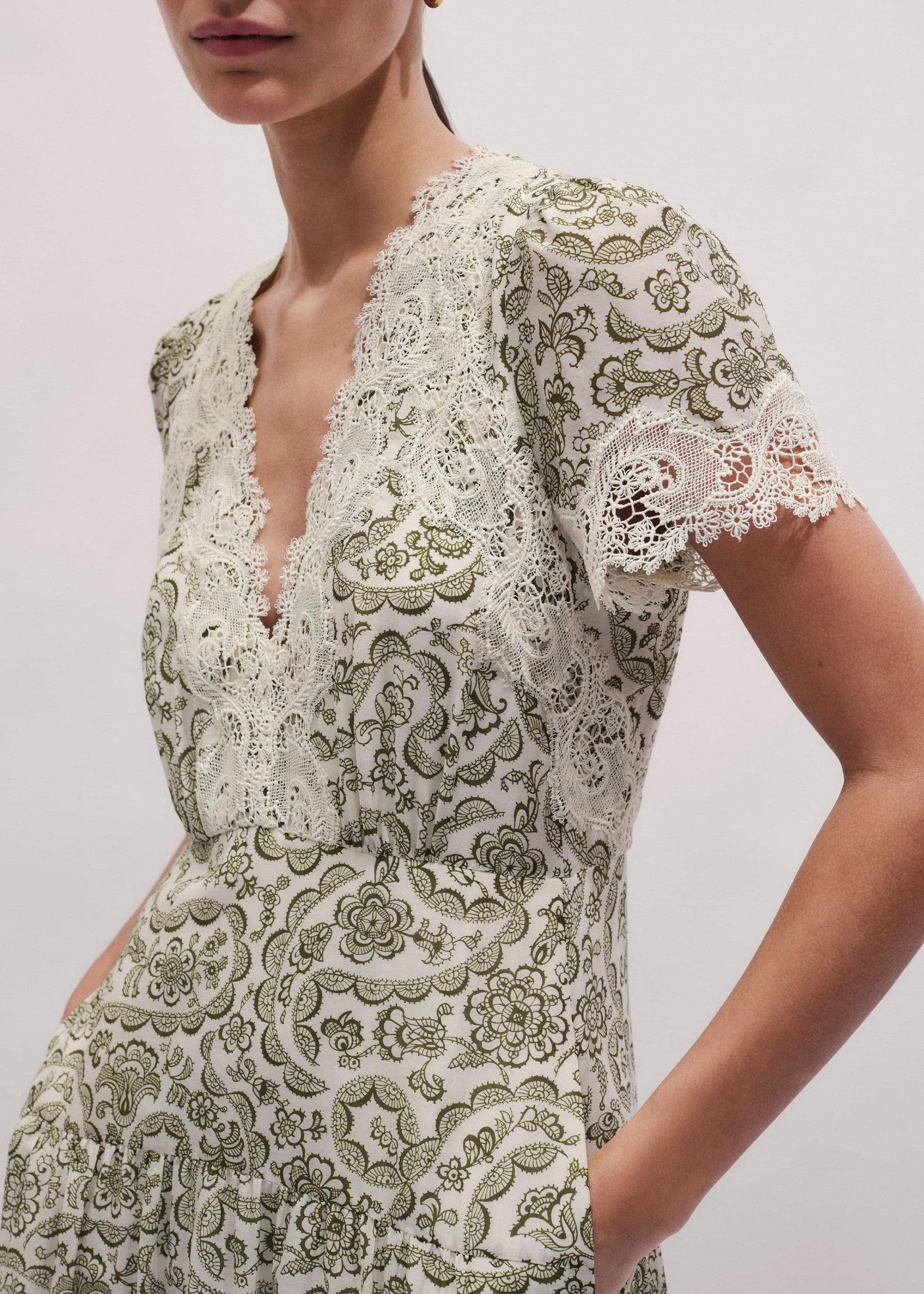 ME and EM Clothing Green Silk Cotton Lace Trim Maxi Dress