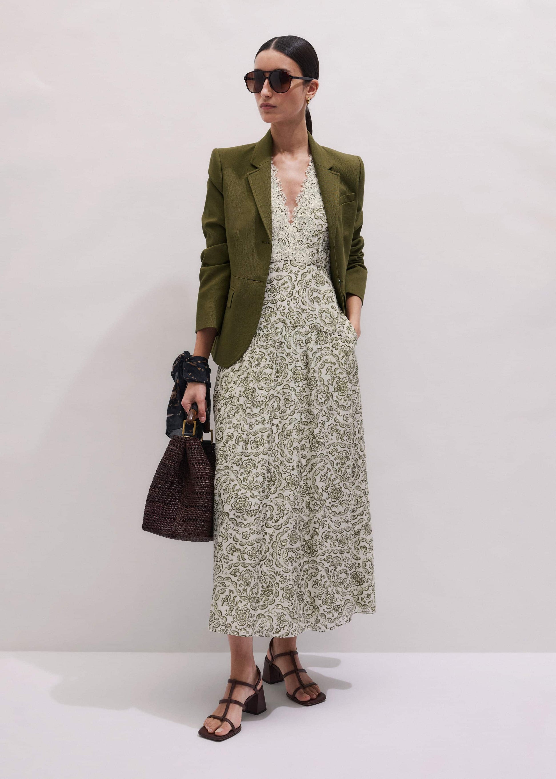 ME and EM Clothing Green Silk Cotton Lace Trim Maxi Dress