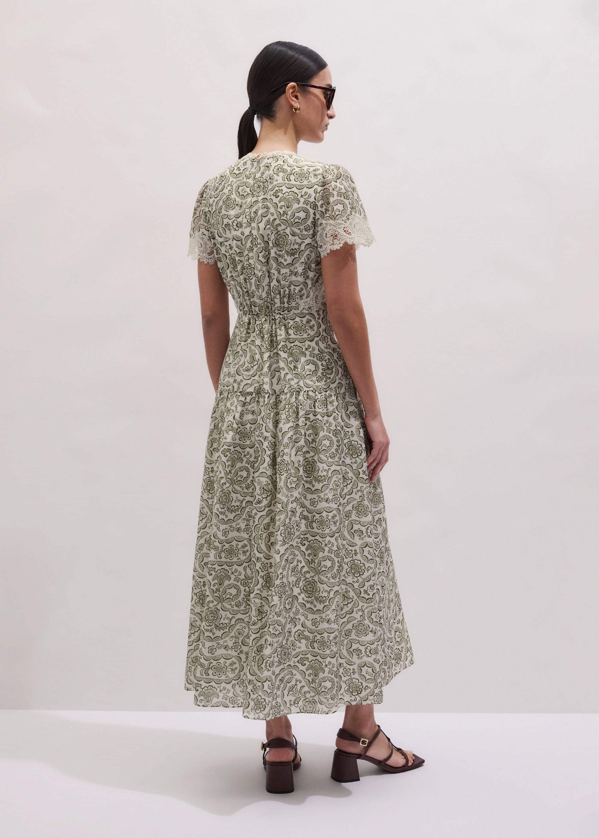 ME and EM Clothing Green Silk Cotton Lace Trim Maxi Dress