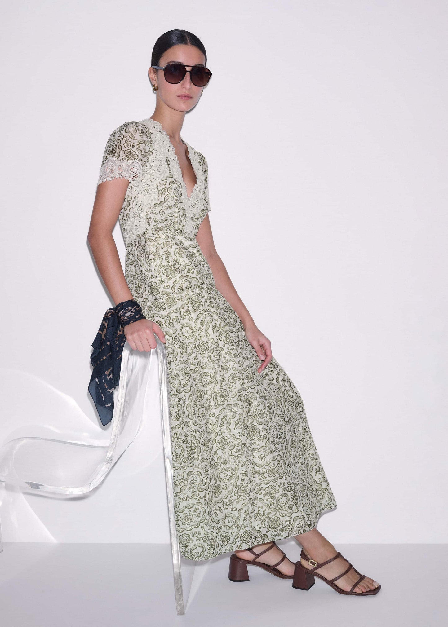 ME and EM Clothing Green Silk Cotton Lace Trim Maxi Dress