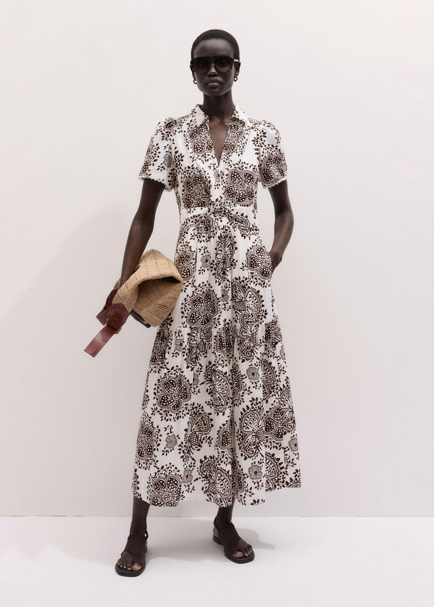 ME and EM Clothing White Cheesecloth In-Full-Bloom Print Maxi Dress + Belt