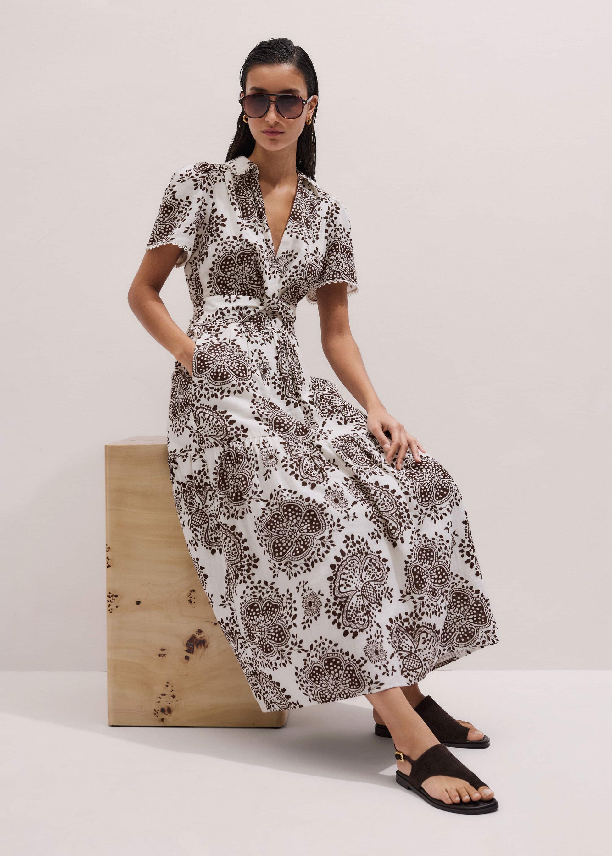 ME and EM Clothing White Cheesecloth In-Full-Bloom Print Maxi Dress + Belt