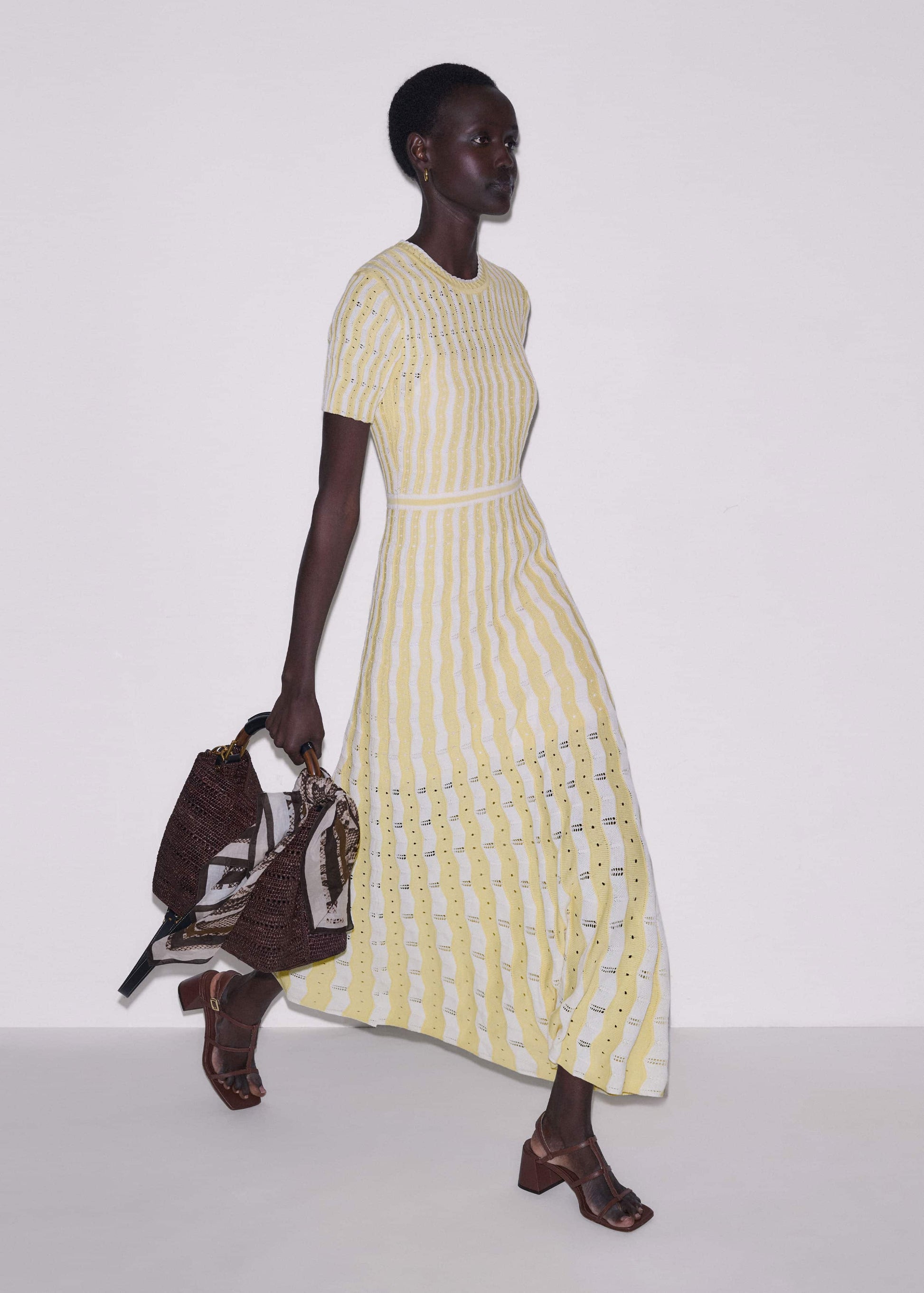 ME and EM Clothing Yellow Textured Pointelle Stripe Knit Maxi Dress