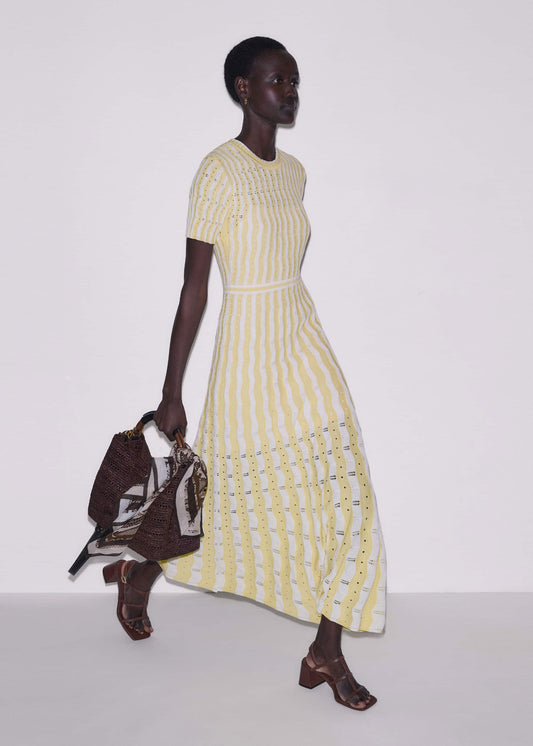 ME and EM Clothing Yellow Textured Pointelle Stripe Knit Maxi Dress