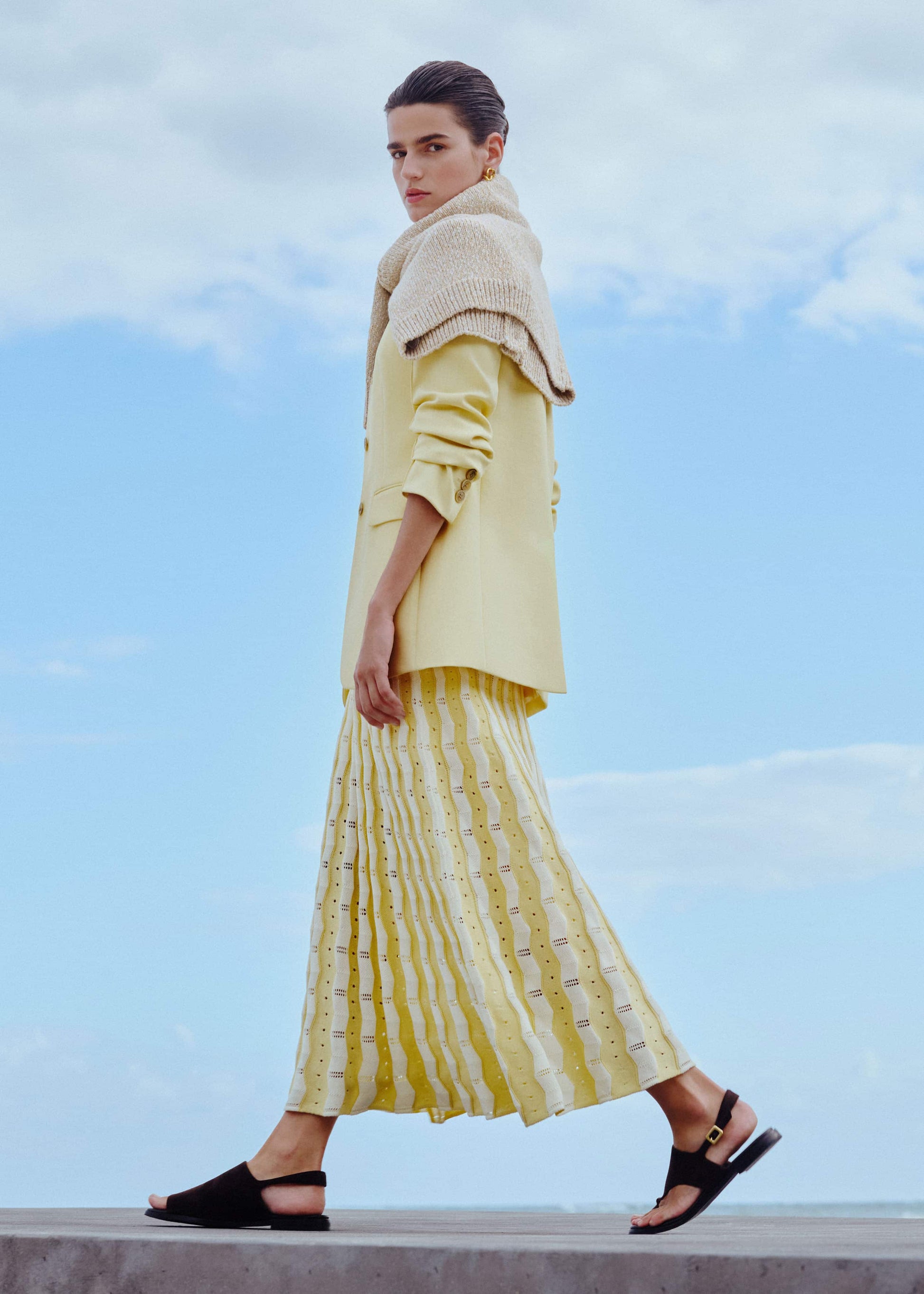 ME and EM Clothing Yellow Textured Pointelle Stripe Knit Maxi Dress