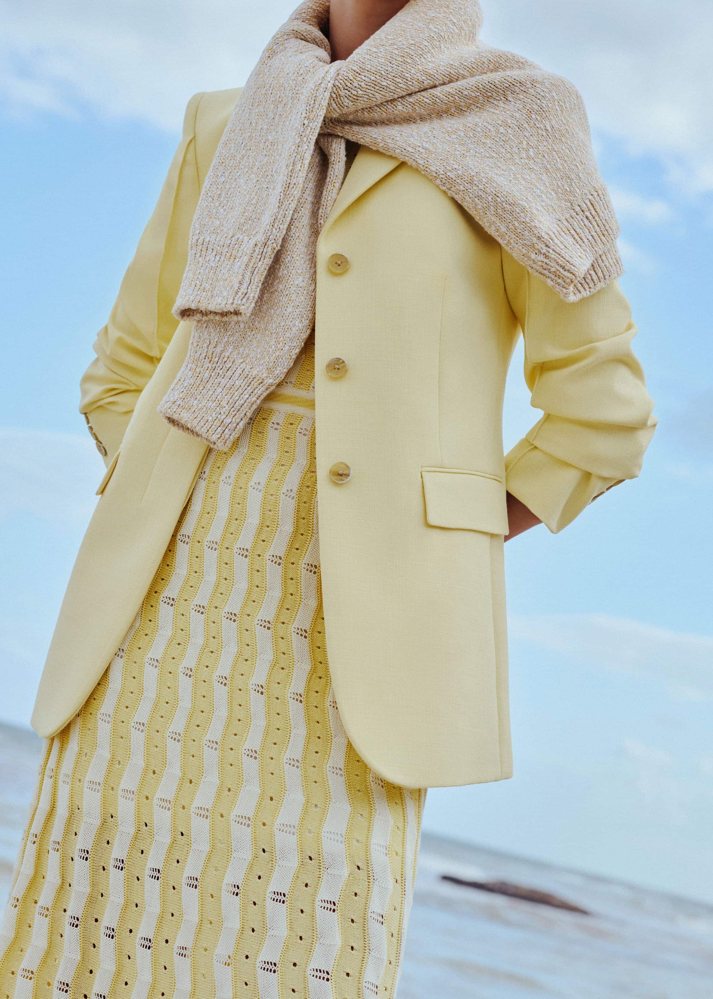 ME and EM Clothing Yellow Textured Pointelle Stripe Knit Maxi Dress