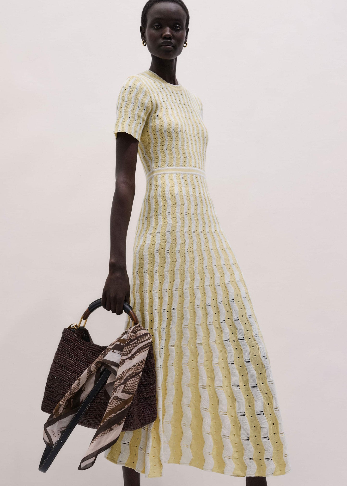 ME and EM Clothing Yellow Textured Pointelle Stripe Knit Maxi Dress