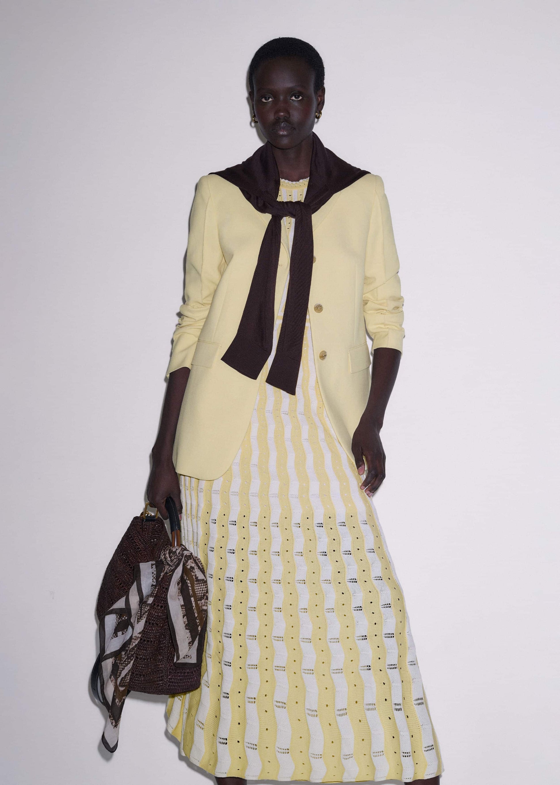 ME and EM Clothing Yellow Textured Pointelle Stripe Knit Maxi Dress