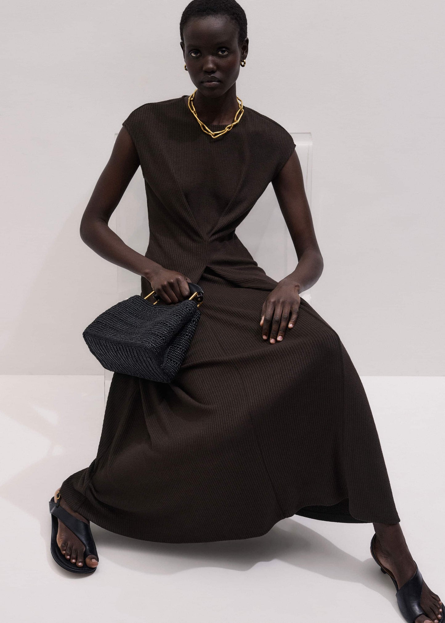 ME and EM Clothing Brown Draped Waist Clever Pleat Maxi Dress