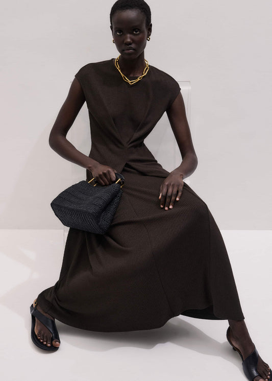 ME and EM Clothing Brown Draped Waist Clever Pleat Maxi Dress