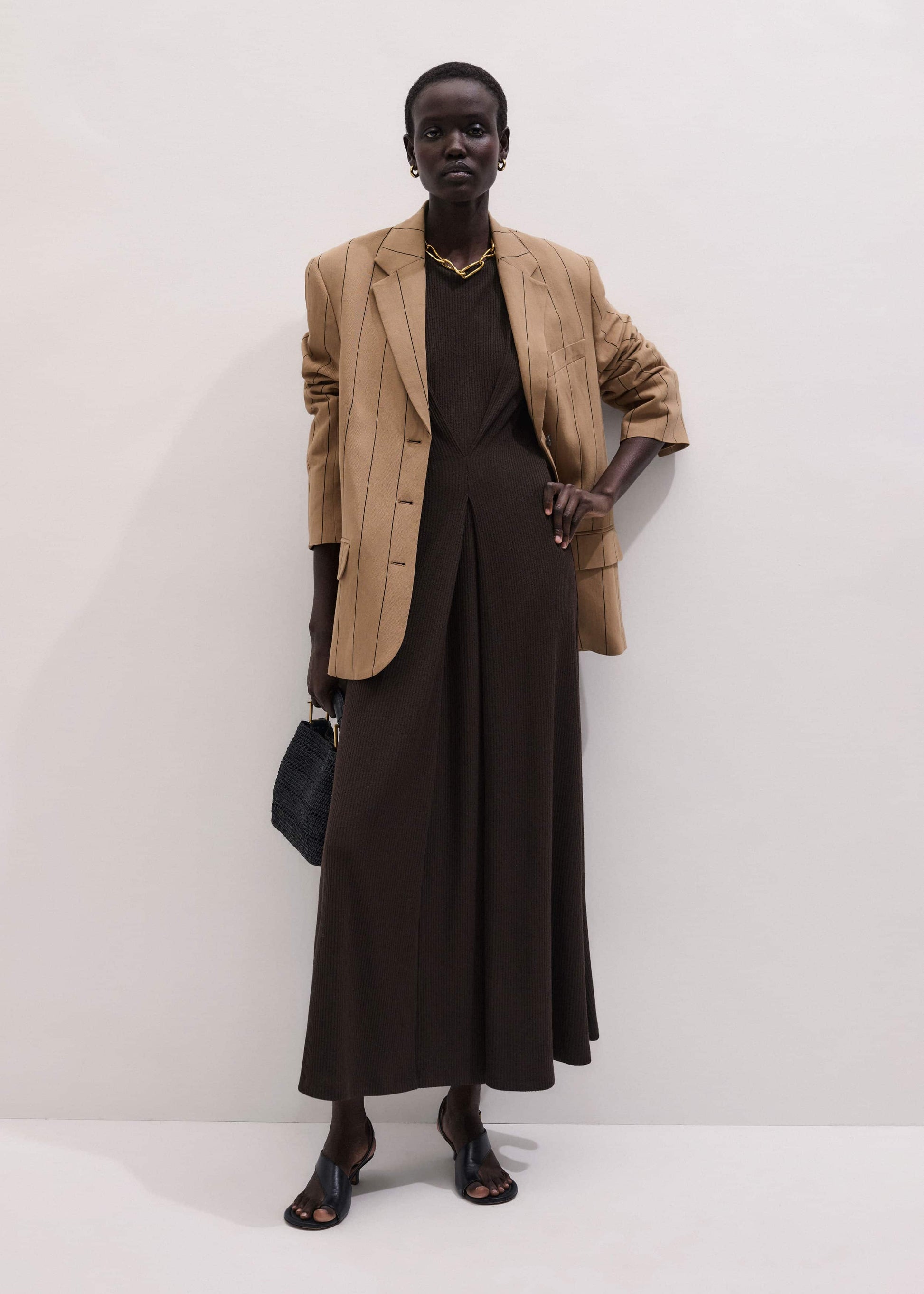ME and EM Clothing Brown Draped Waist Clever Pleat Maxi Dress