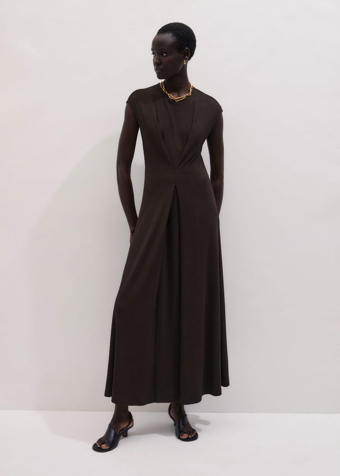 ME and EM Clothing Brown Draped Waist Clever Pleat Maxi Dress
