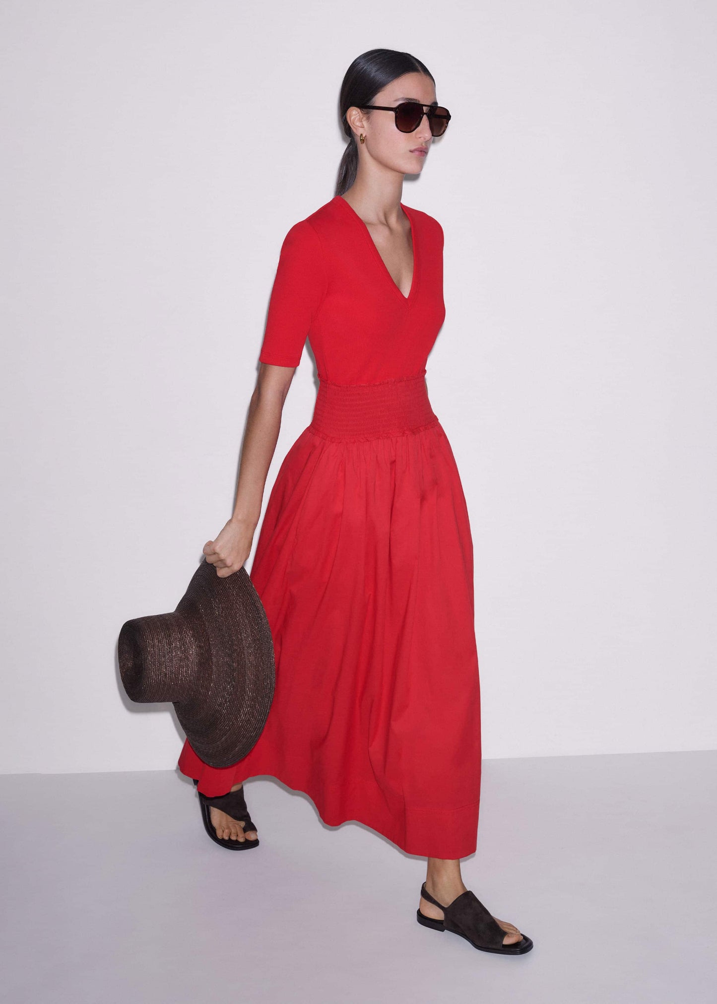 ME and EM Clothing Red V-Neck Smocked Skirt Mixed Media Maxi Dress