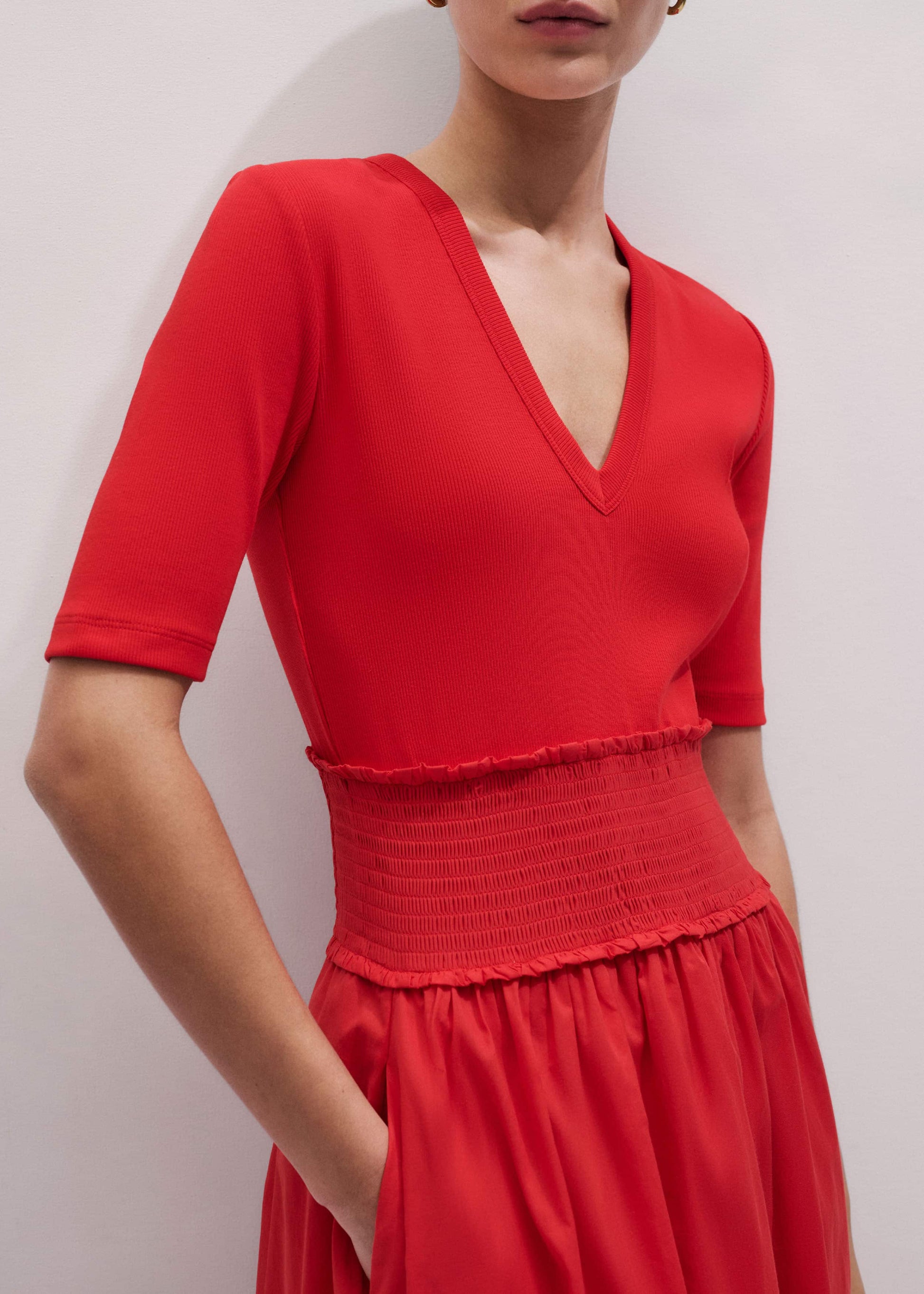 ME and EM Clothing Red V-Neck Smocked Skirt Mixed Media Maxi Dress