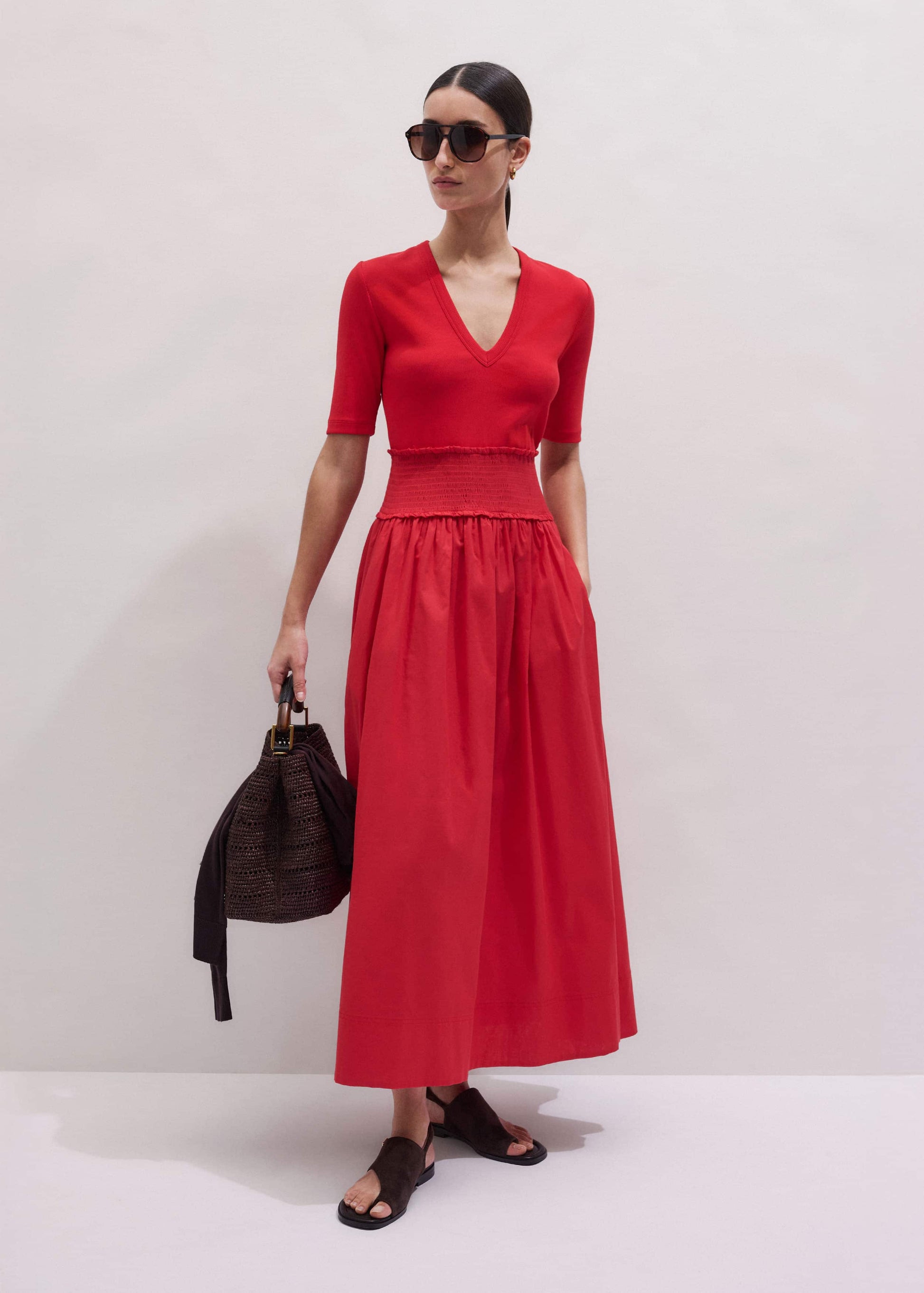 ME and EM Clothing Red V-Neck Smocked Skirt Mixed Media Maxi Dress