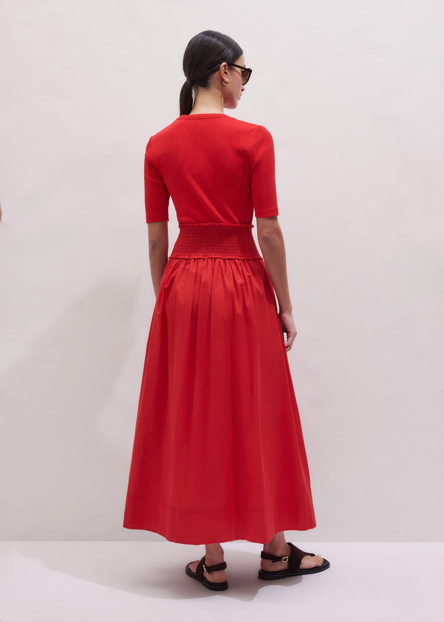 ME and EM Clothing Red V-Neck Smocked Skirt Mixed Media Maxi Dress