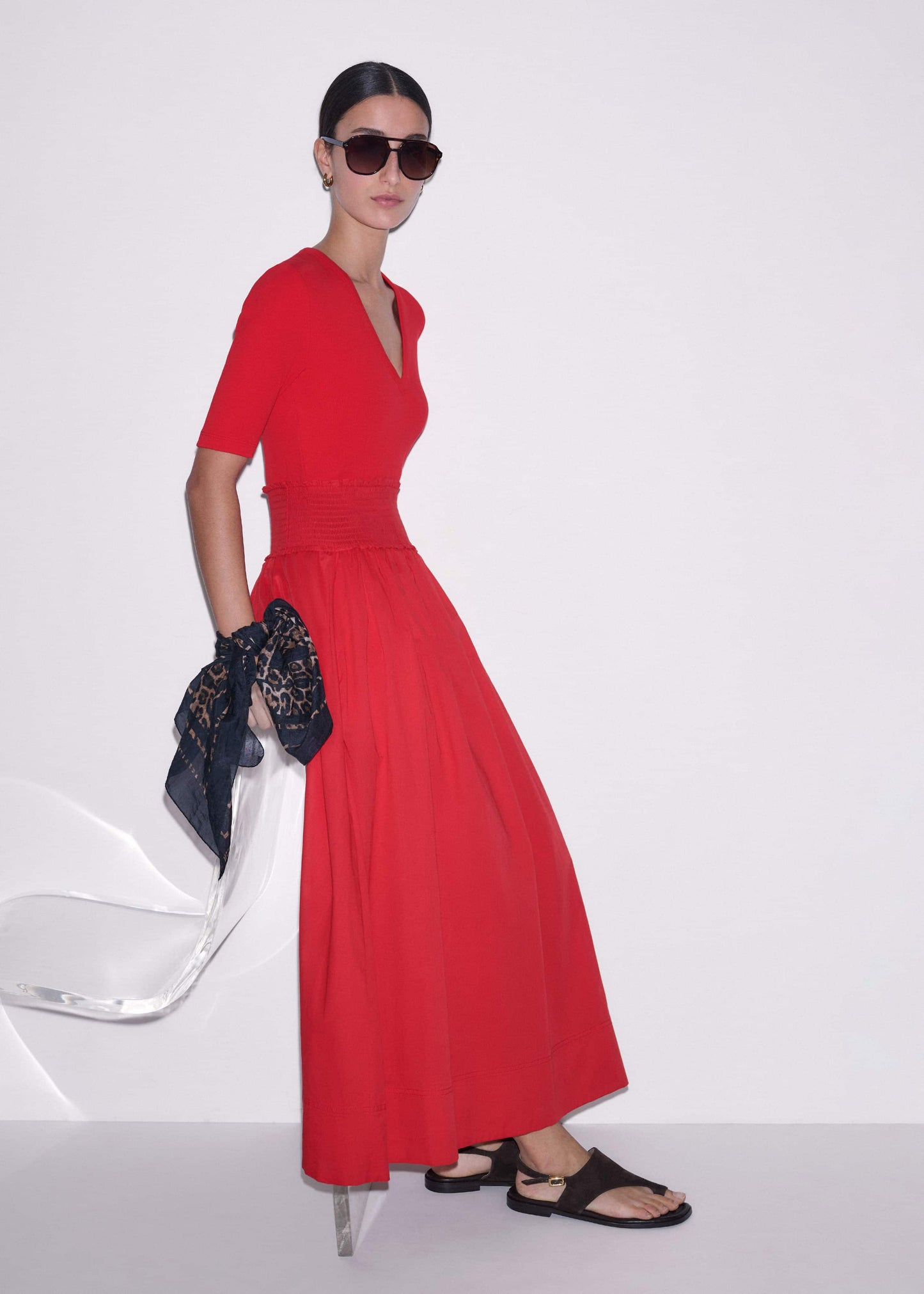 ME and EM Clothing Red V-Neck Smocked Skirt Mixed Media Maxi Dress
