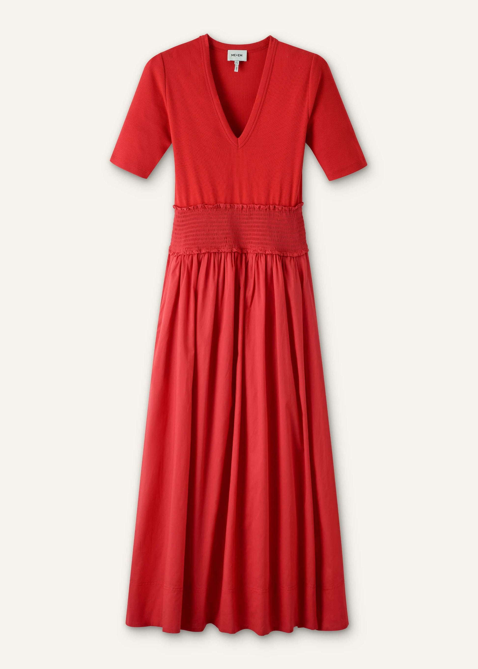 ME and EM Clothing Red V-Neck Smocked Skirt Mixed Media Maxi Dress