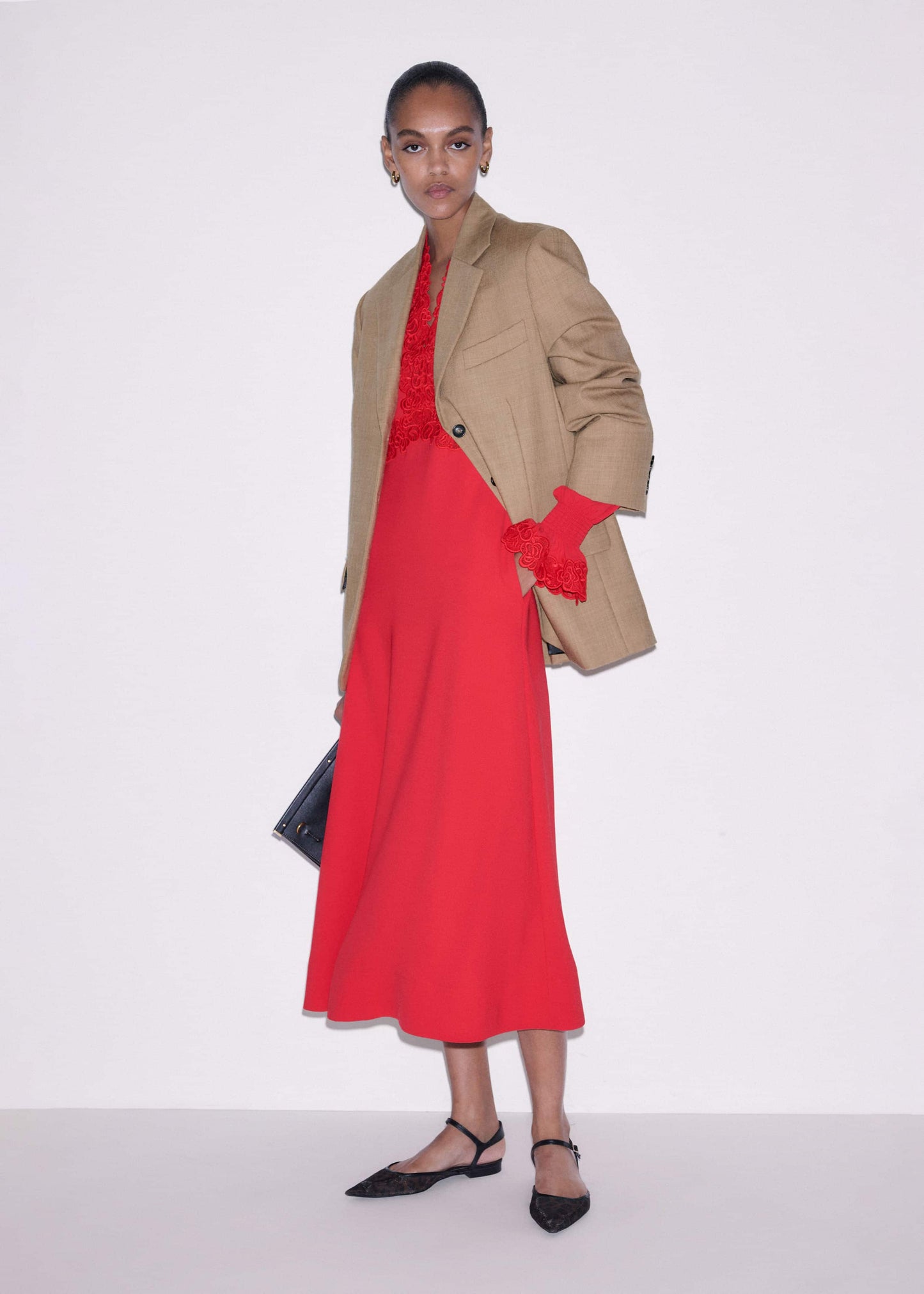 ME and EM Clothing Red Fit + Flare Lace Detail Maxi Dress