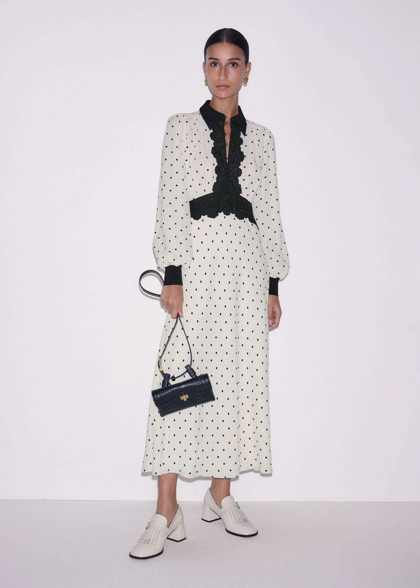 ME and EM Clothing Cream Winter Polka Dot Lace Trim Maxi Dress