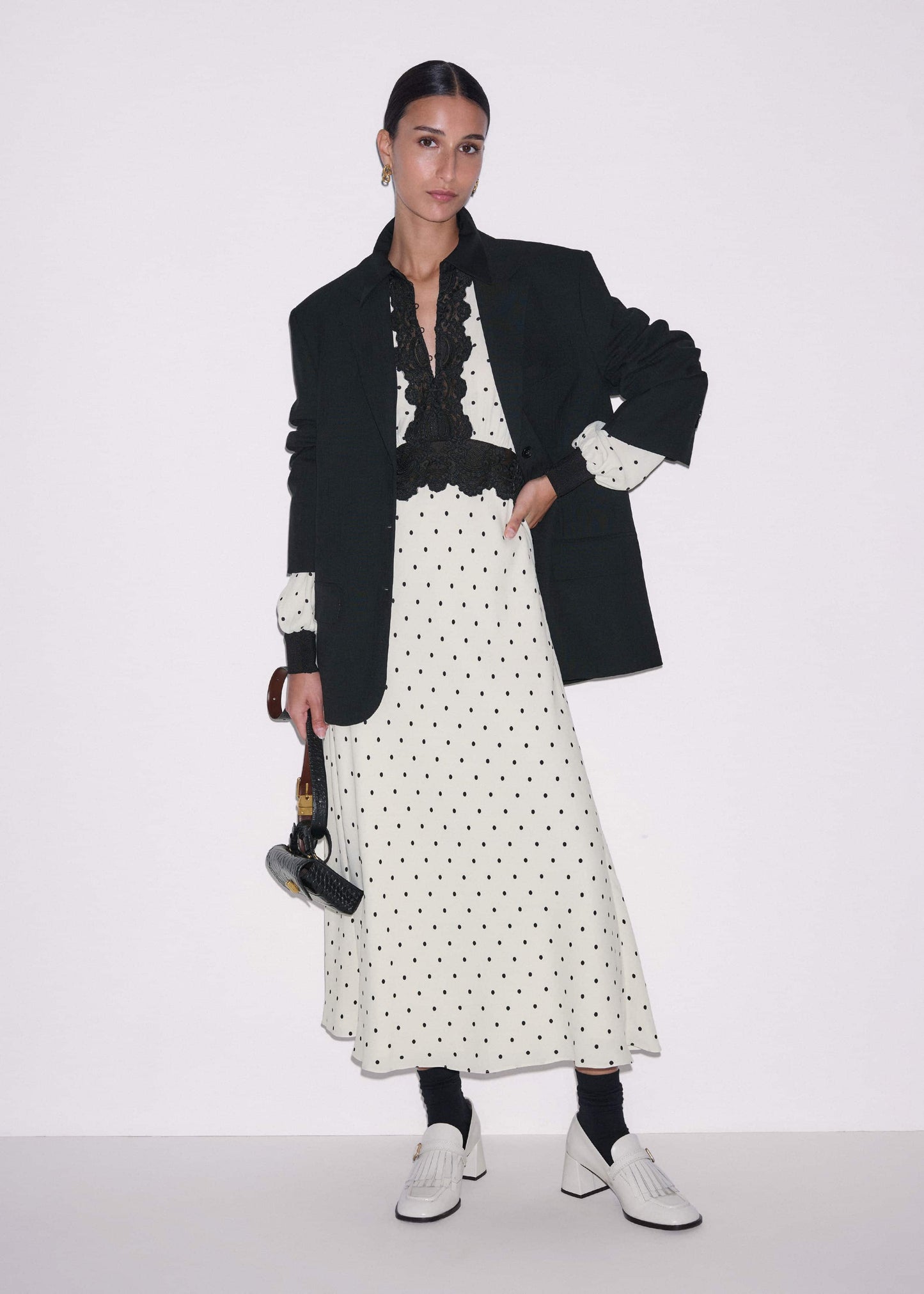 ME and EM Clothing Cream Winter Polka Dot Lace Trim Maxi Dress