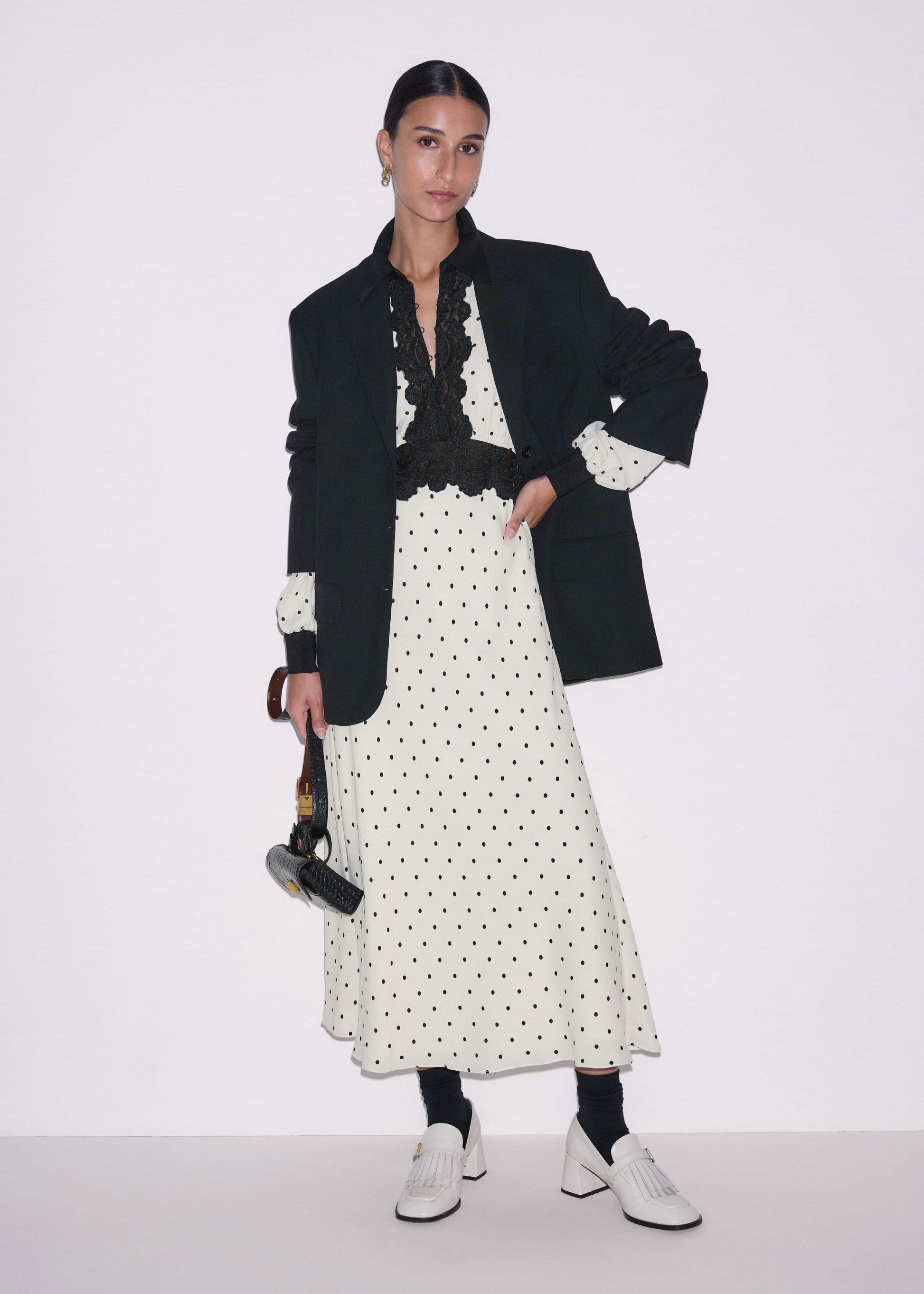 ME and EM Clothing Cream Winter Polka Dot Lace Trim Maxi Dress