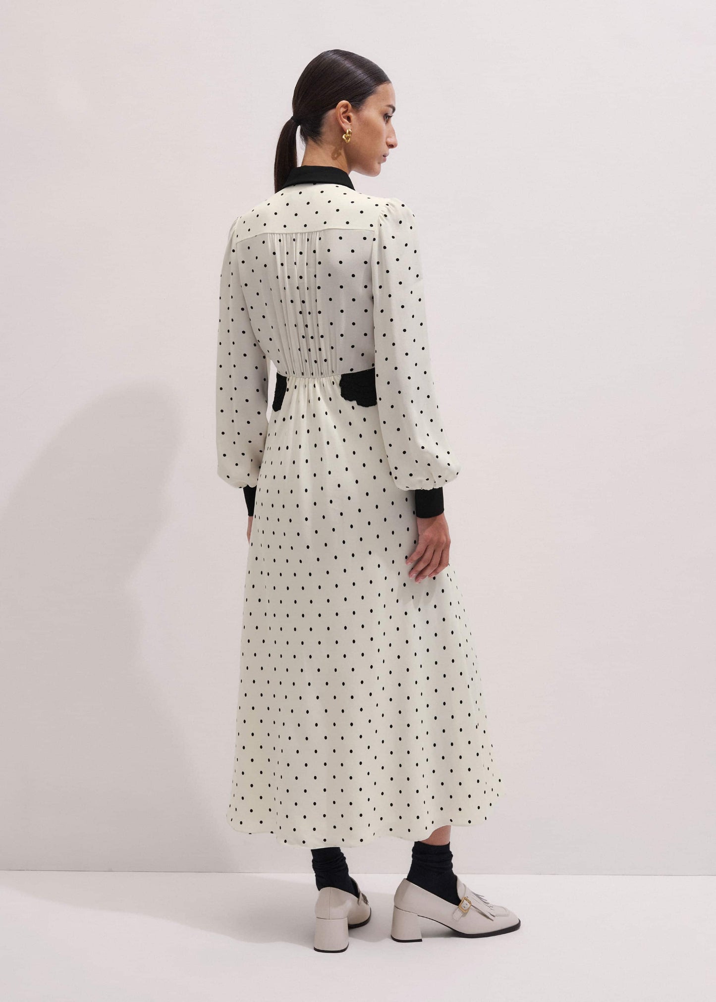 ME and EM Clothing Cream Winter Polka Dot Lace Trim Maxi Dress
