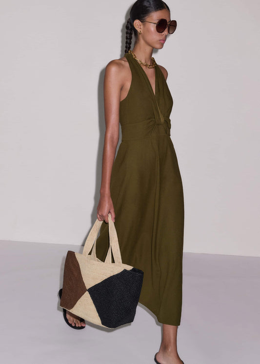 ME and EM Clothing Olive Green Crease-Less Linen Twist Front Maxi Dress
