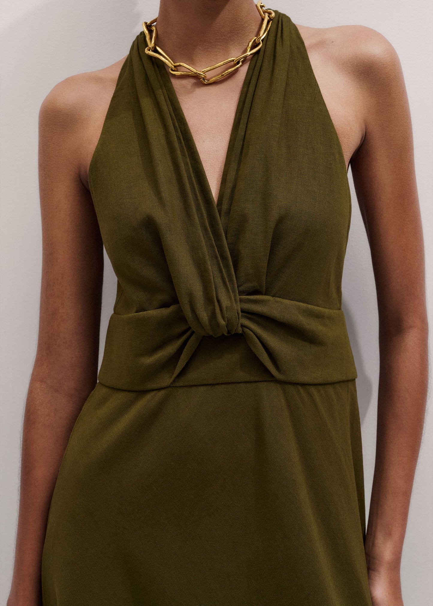ME and EM Clothing Olive Green Crease-Less Linen Twist Front Maxi Dress