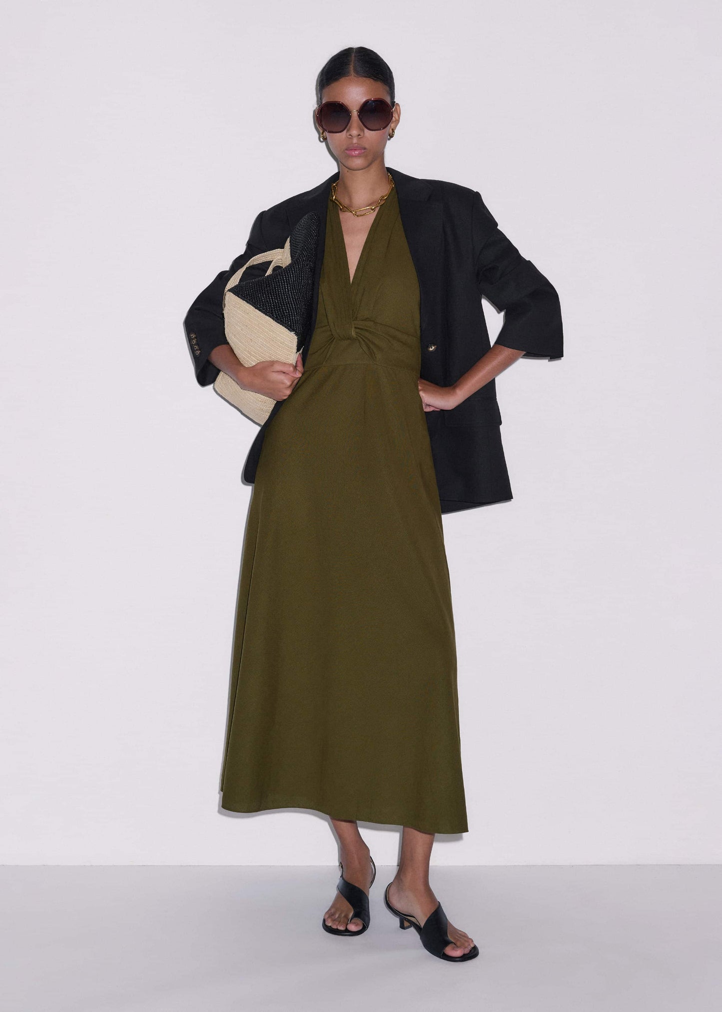 ME and EM Clothing Olive Green Crease-Less Linen Twist Front Maxi Dress
