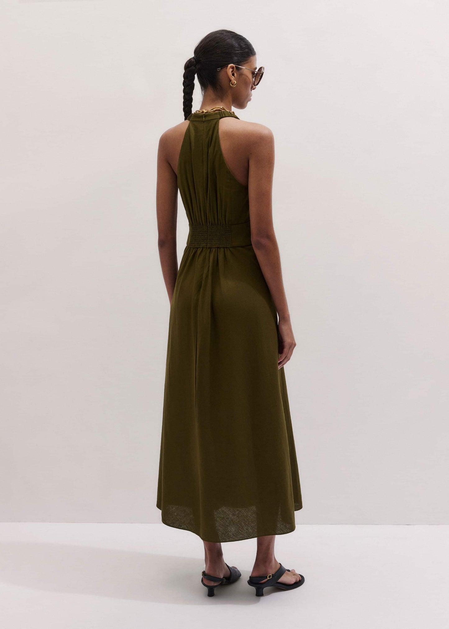 ME and EM Clothing Olive Green Crease-Less Linen Twist Front Maxi Dress