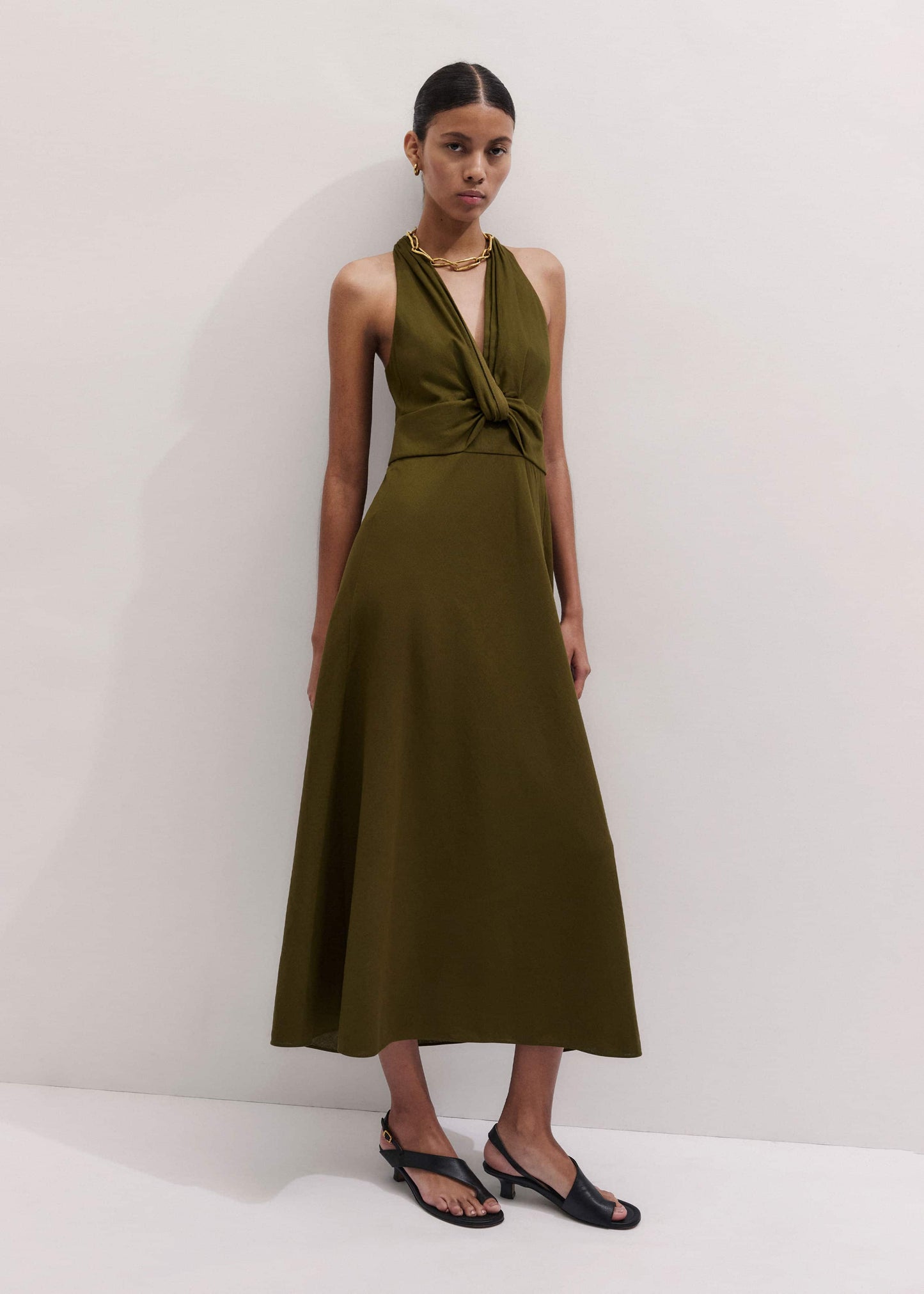 ME and EM Clothing Olive Green Crease-Less Linen Twist Front Maxi Dress