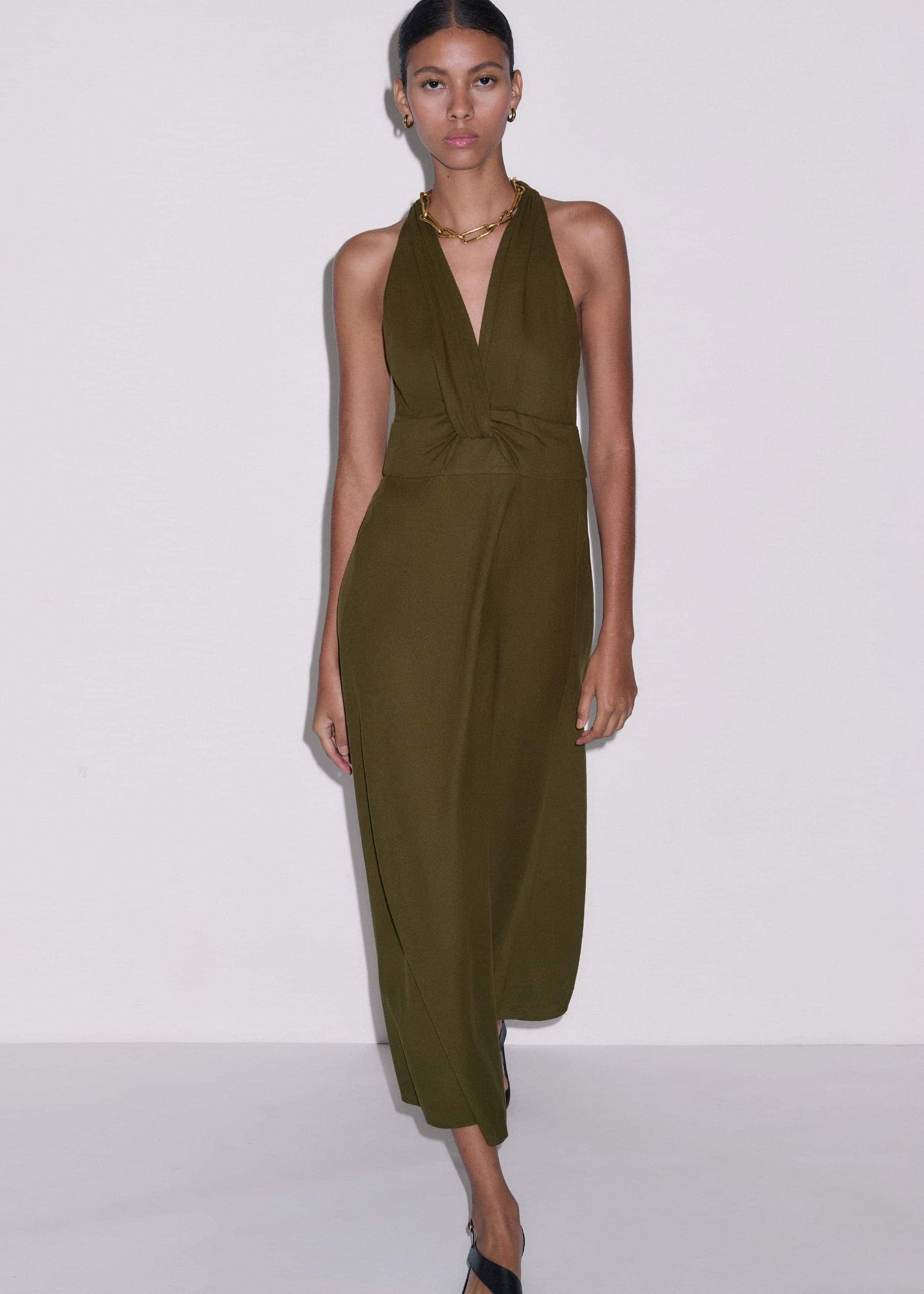 ME and EM Clothing Olive Green Crease-Less Linen Twist Front Maxi Dress