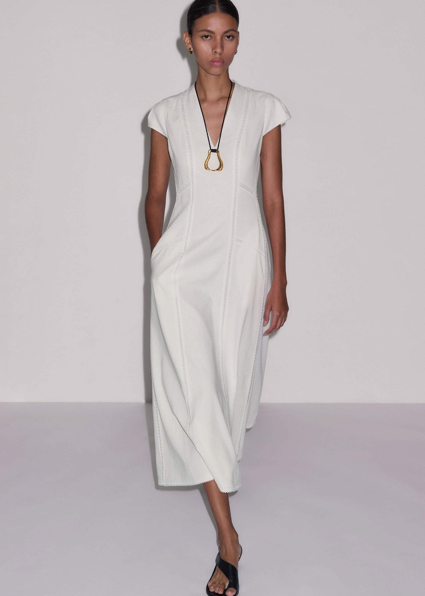 ME and EM Clothing White Crease-Less Linen Embroidered Maxi Dress