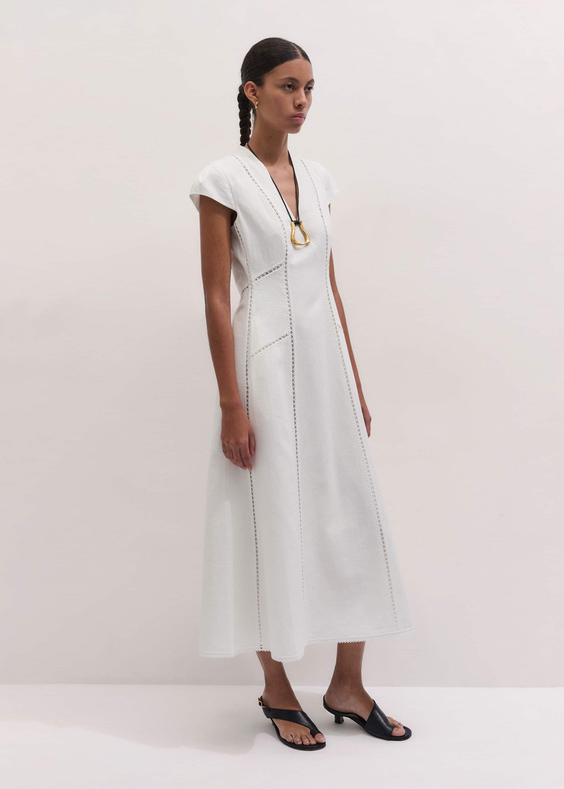 ME and EM Clothing White Crease-Less Linen Embroidered Maxi Dress