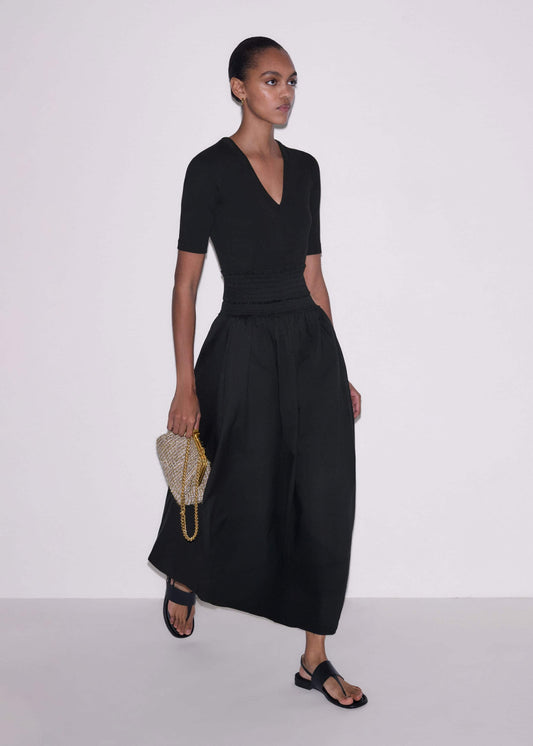 ME and EM Clothing Black V-Neck Smocked Skirt Mixed Media Maxi Dress