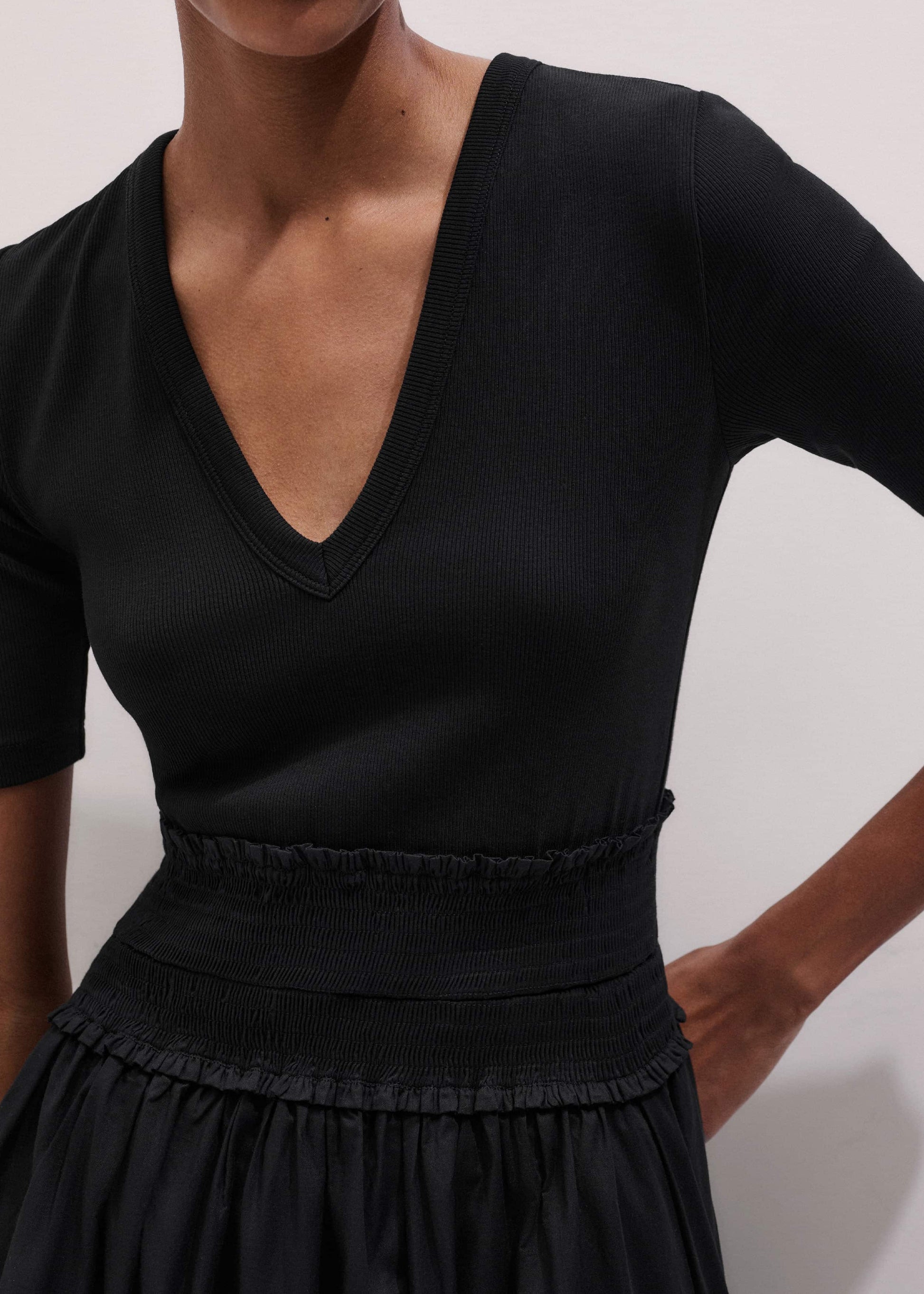 ME and EM Clothing Black V-Neck Smocked Skirt Mixed Media Maxi Dress