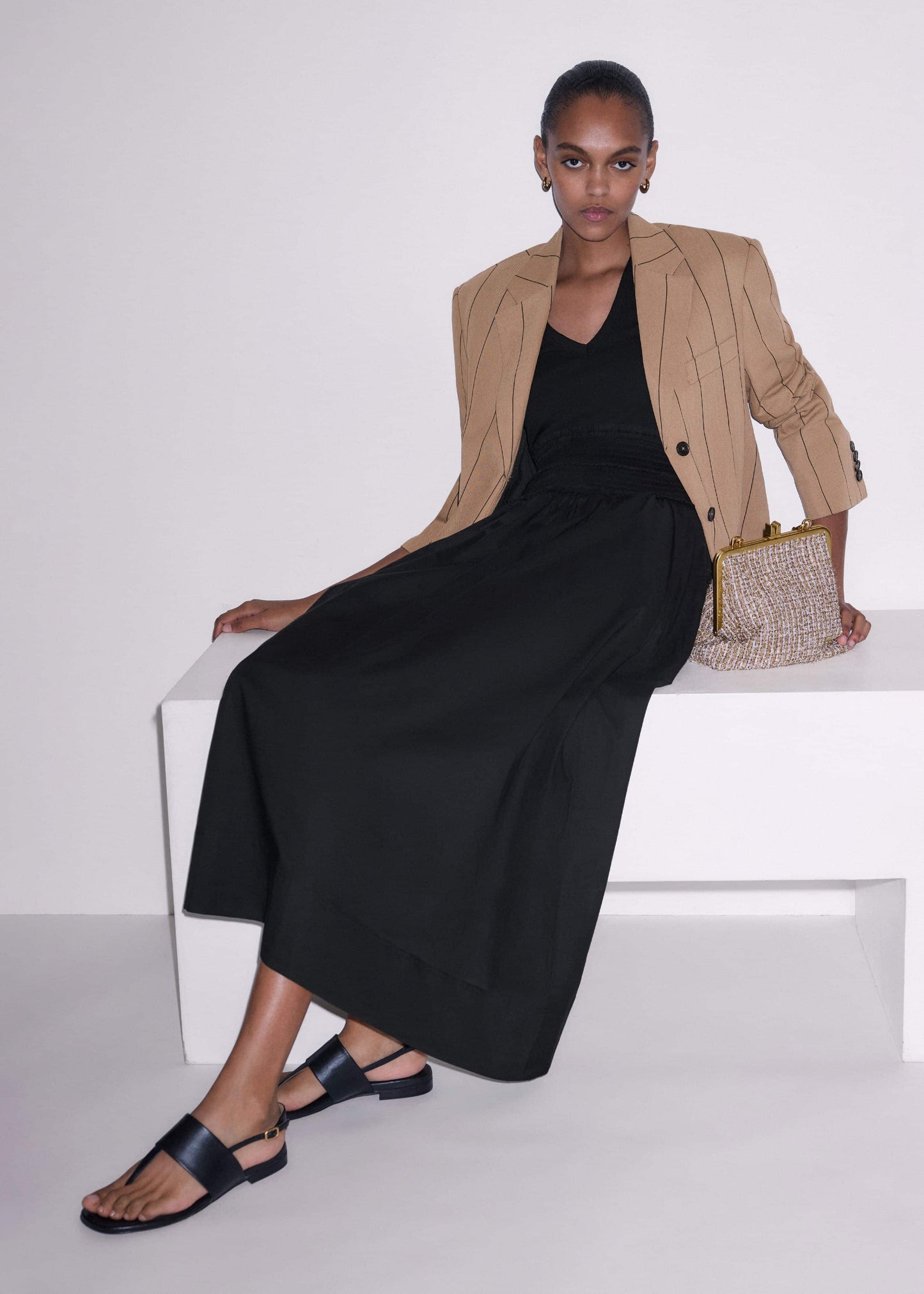 ME and EM Clothing Black V-Neck Smocked Skirt Mixed Media Maxi Dress