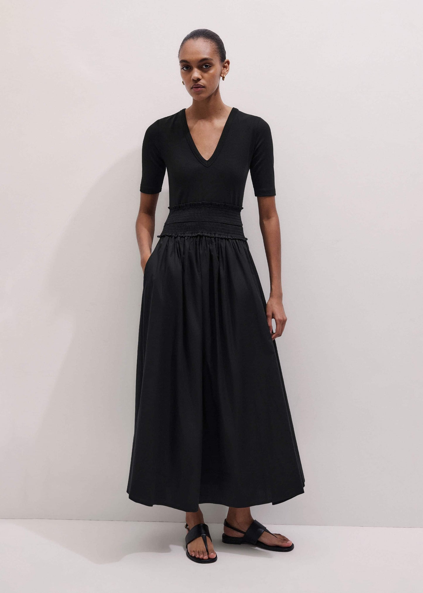 ME and EM Clothing Black V-Neck Smocked Skirt Mixed Media Maxi Dress