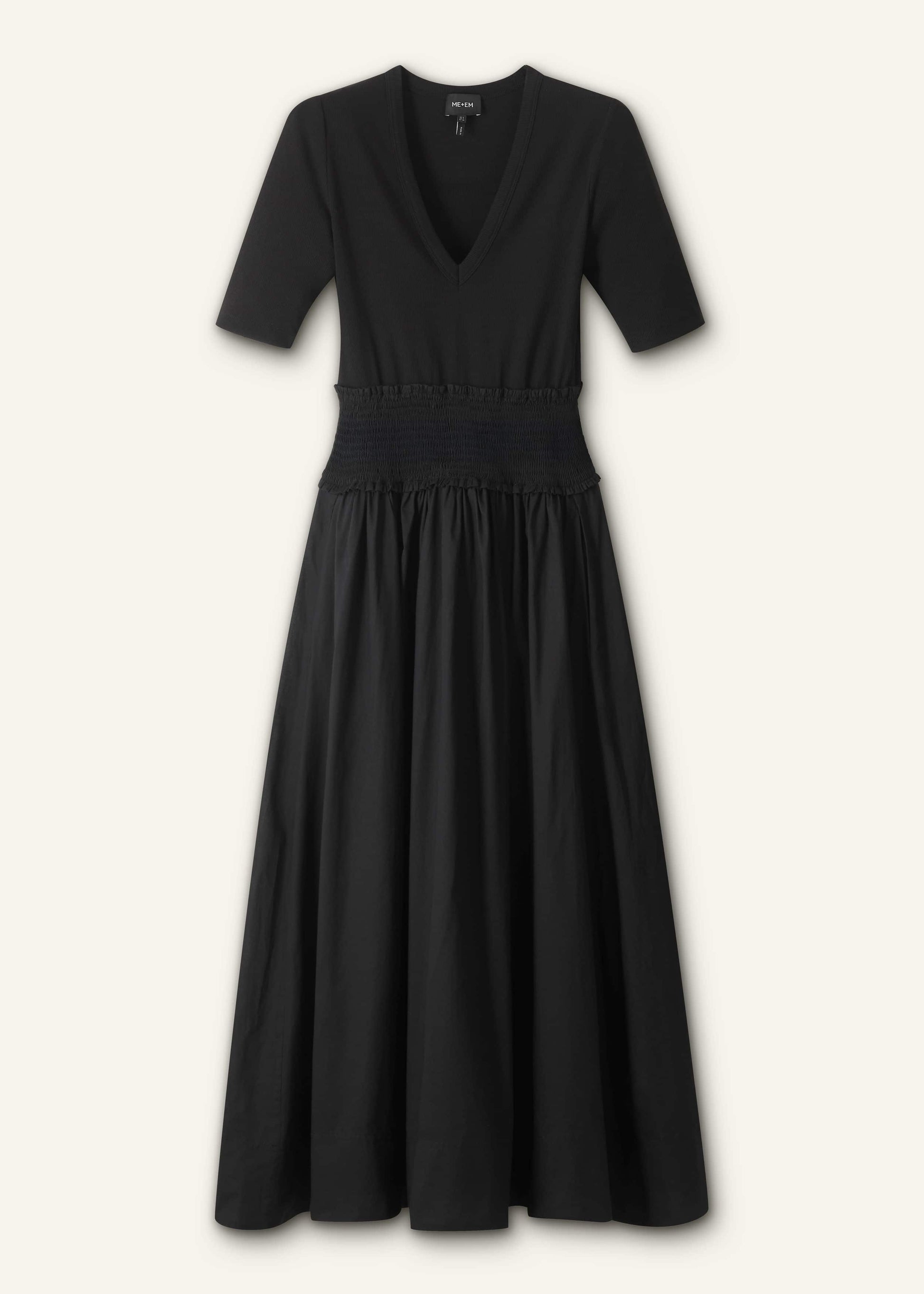 ME and EM Clothing Black V-Neck Smocked Skirt Mixed Media Maxi Dress