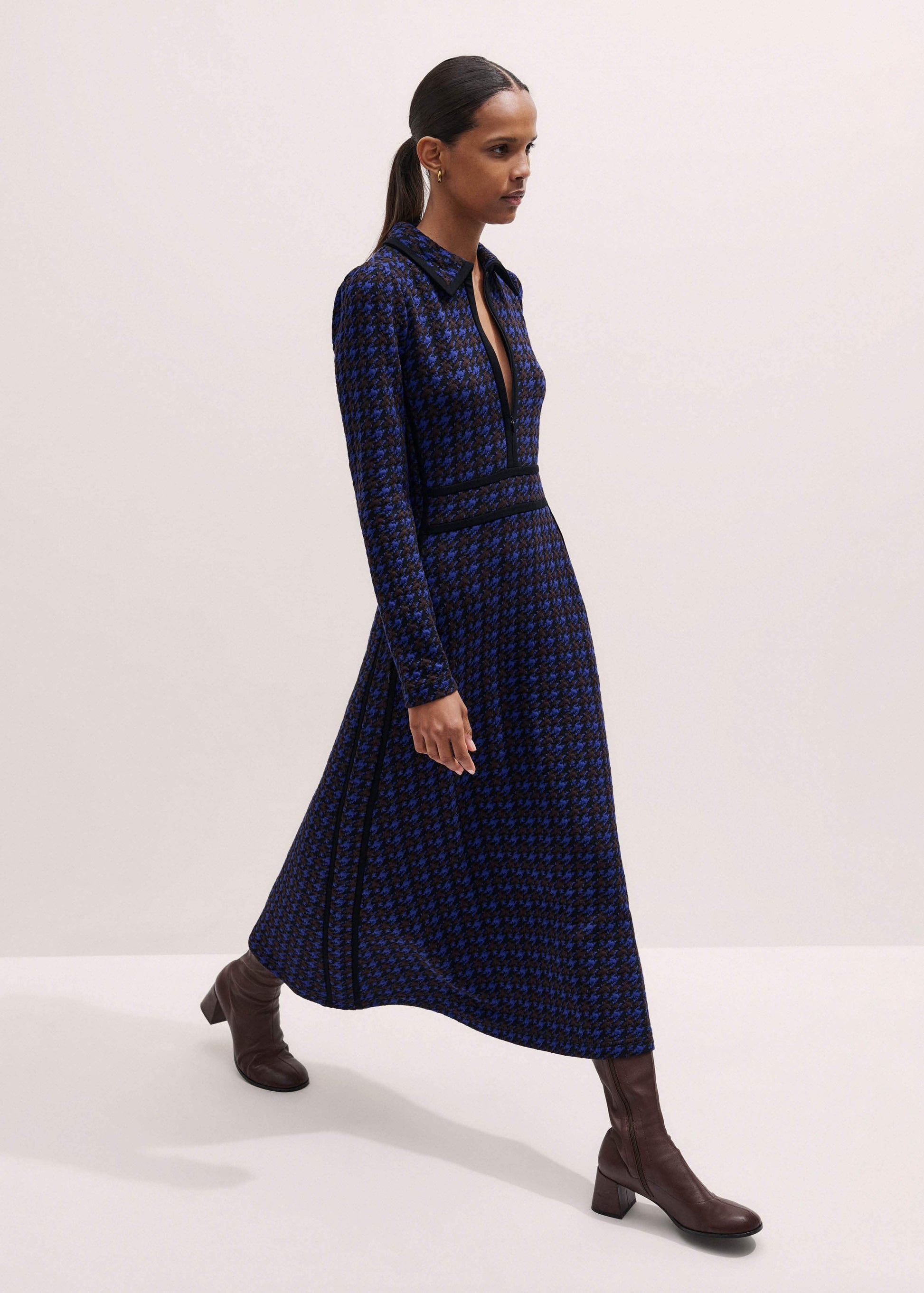 ME and EM Clothing Navy Houndstooth Jacquard Ponte Zip Neck Maxi Dress