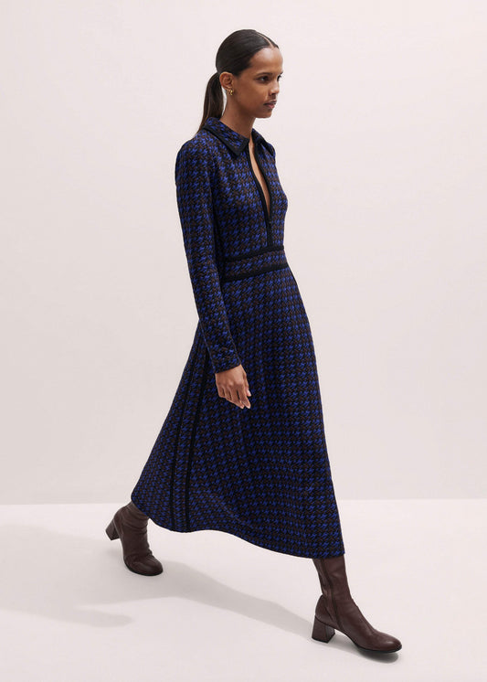 ME and EM Clothing Navy Houndstooth Jacquard Ponte Zip Neck Maxi Dress