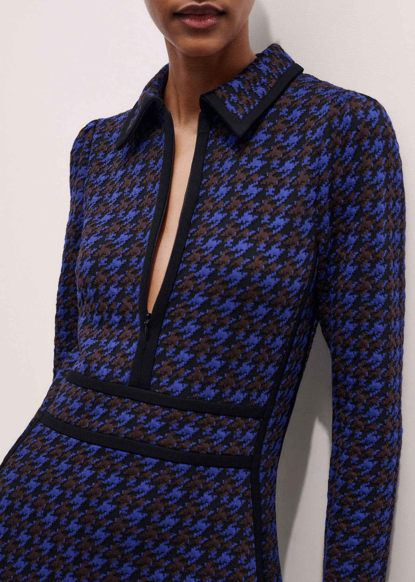 ME and EM Clothing Navy Houndstooth Jacquard Ponte Zip Neck Maxi Dress